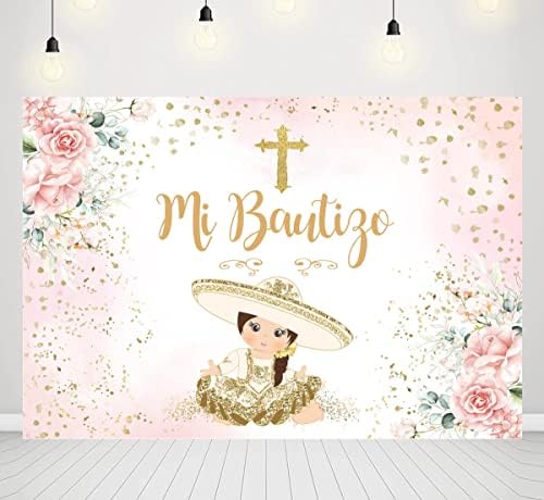 Mi Bautizo pozadina za djevojčice meksički španski ukrasi za krštenje Pink Floral Gold Glitter folija Bog blagoslovi djevojku prvo