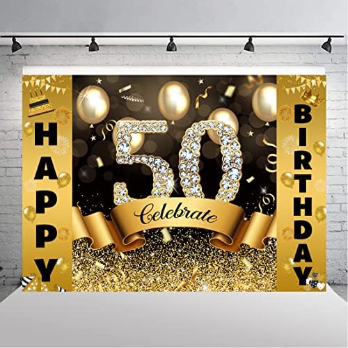 Lofaris 7x5ft fotografija za Sretan rođendan pozadina 50. Bday Žene Muškarci proslavite crne i zlatne sjajne Dimonds baloni traka