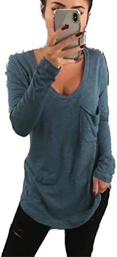 Andongnywell ženski dugi rukav V izrez TUNIC vrpce labave majice T majice sa džepnim bluzama Vrh