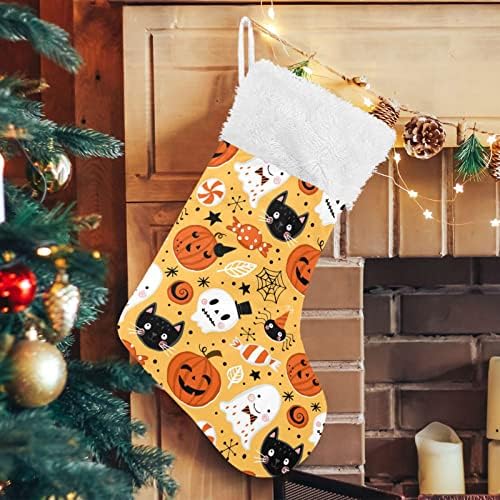 Kigai 1 Pack Božićna čarapa sa Halloween Ghost bundeve otisak, plišani manžetni kamin Xmas Viseći čarape za ukrase obiteljskih praznika