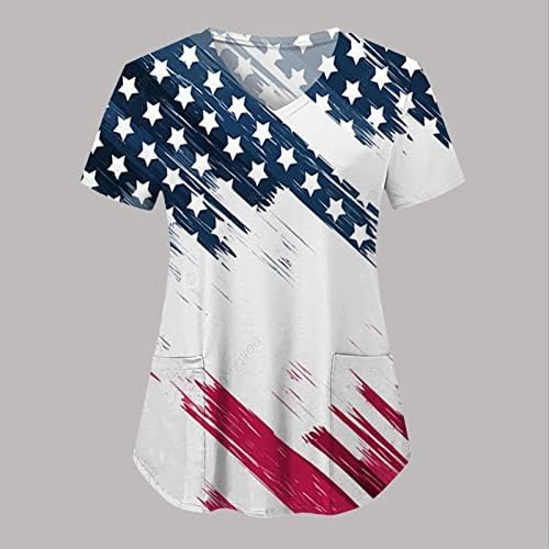 4. jula majice za žene američka zastava ljetna kratka rukava V vrat majica sa 2 džepa bluze praznična Ležerna radna odjeća
