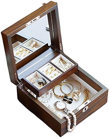 Drvena kutija za nakit - Dvokrevetni držač za nakit - sa kućištem za zaključavanje nakita za ogrlicu, naušnice, prstenje i narukvice