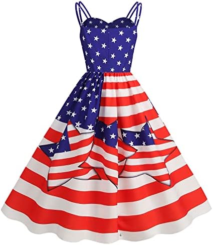 HCJKDU 50S Vintage haljina za žene špagete remen bez rukava 4. jula američka zastava Zastava zastava Swing haljine labave protočne