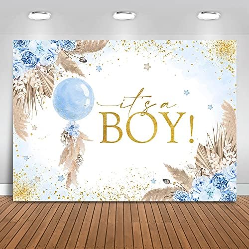 Mocsicka blue Balloon Baby Shower Backdrop Boho Floral Boy Baby Shower Background It's a Boy Baby Shower Party Decorations Banner