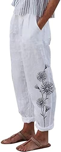 Ženske pamučne posteljine obrezane hlače cvjetne tiskane široke torbe za noge s džepovima elastične struice labave pantalone