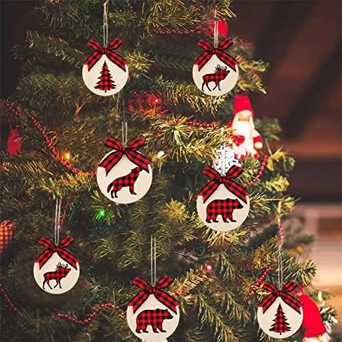 LEBERY 12kom Božić Buffalo karirani drveni ukras Drvo viseći ukras Božić Tree Tag Slice okrugli ukras za odmor ukras, crna crvena