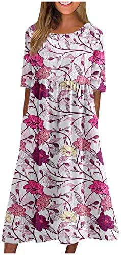 JJHevdy ženski kratki rukav cvjetni print casual tunika ljuljačke haljine okrugli vrat ljetne košulje sa džepovima