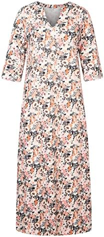 Wpoumv Boho haljina za žene cvjetni print V izrez Half ruševe haljine Ljetna casual cvjeta haljina gumb uz labavu maxi haljinu
