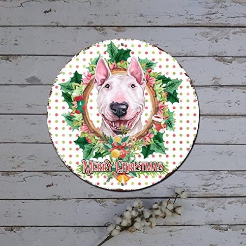 Sretan božićni vijenac potpisuju psa u cvjetnom vijencu okrugli metalni limenki znak božićni viseći ukrasima shabby metalni znak za