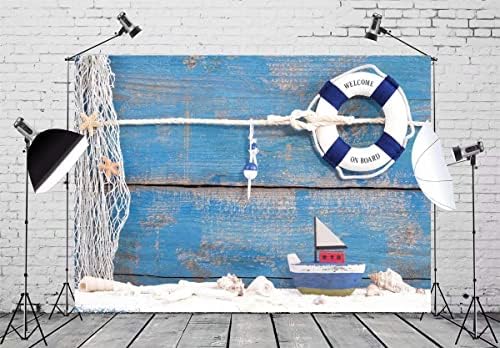 BELECO 9x6ft tkanina Nautička pozadina plutača igračka brod morske školjke ribarska mreža plava drvena pozadina mornar Ftografija