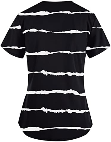 NOKMOPO T majice za žene Pamučna moda V-izrez kratki rukav sa džepovima Stripes Ispisani vrhovima