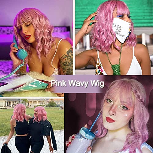 Svijetlo roze perika kratke valovite Bob perike za žene ružičasta perika sa šiškama sintetičke perike u boji za Cosplay Halloween